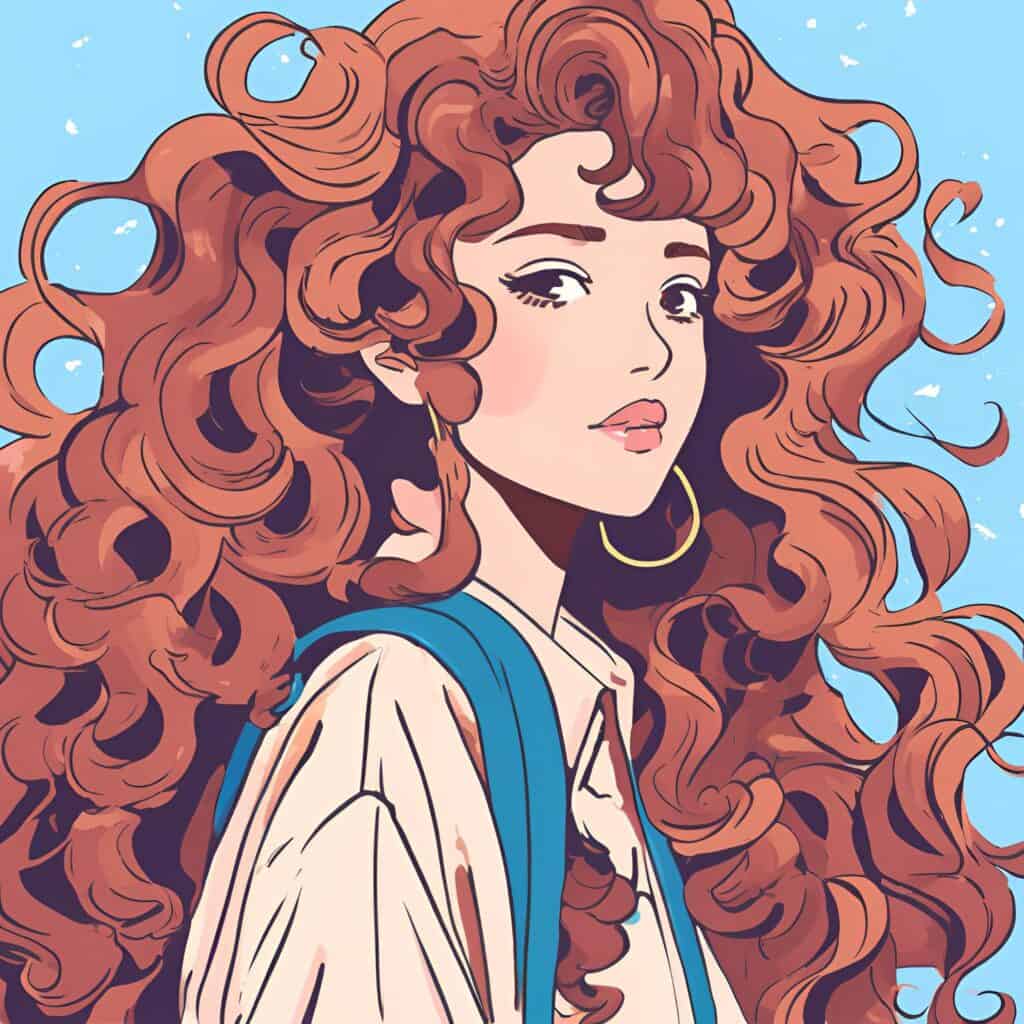 Illustration of a stylish woman with voluminous, defined bouncy curls, wearing a collared shirt and blue vest against a bright blue sky. She has a confident expression and wears large hoop earrings.