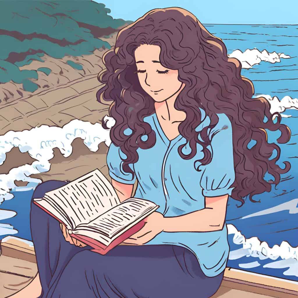 a woman with long curly hair reading a book by the ocean
