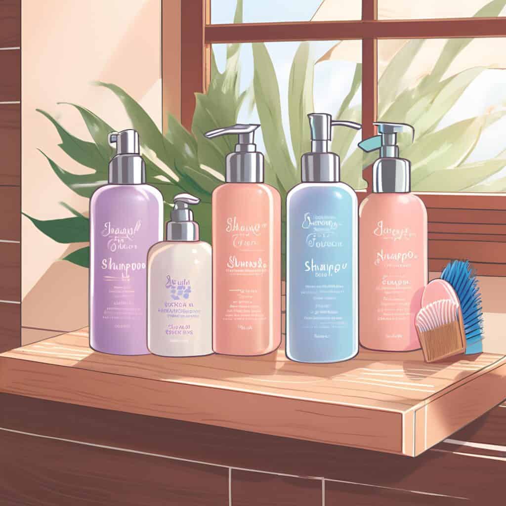 Aesthetic illustration of five pastel-colored bottles of curly hair products, including shampoo, conditioner, and leave-in, arranged neatly on a wooden counter near a window with tropical plants and curly hair brushes.