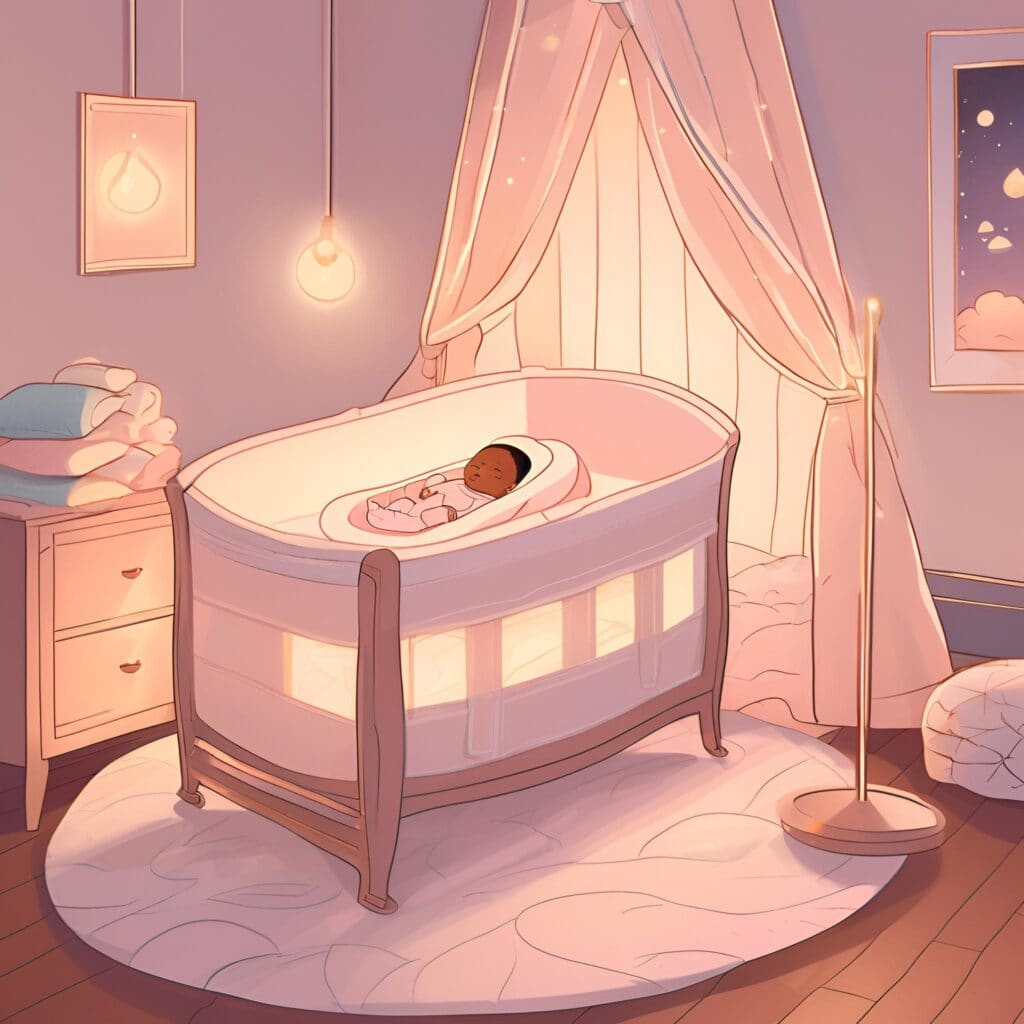 Illustration of a cozy baby nursery at night featuring a bassinet with a sleeping baby, pink curtains, soft lighting, a nightstand with stacked books, and a warm, calming atmosphere for safe newborn sleep.