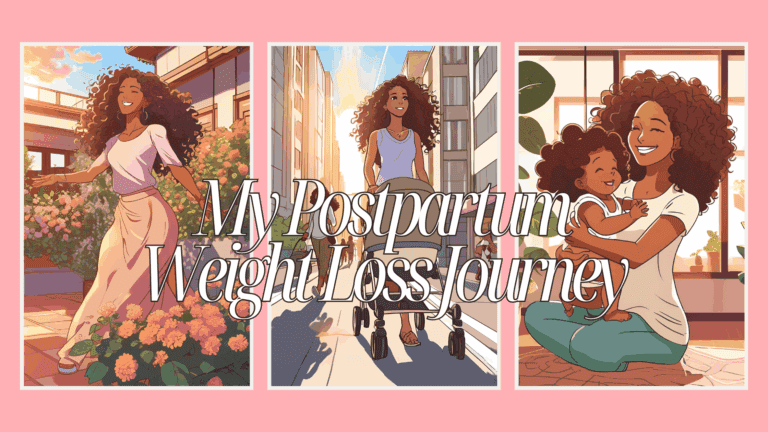 Illustration of a mother balancing fitness and motherhood during postpartum weight loss journey