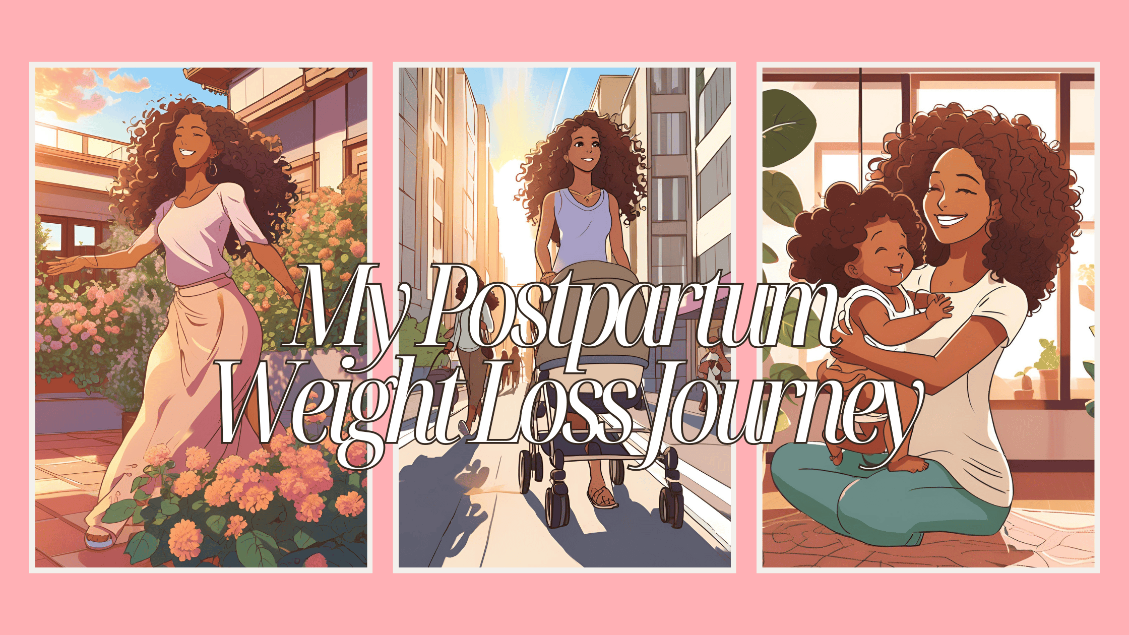 Illustration of a mother balancing fitness and motherhood during postpartum weight loss journey