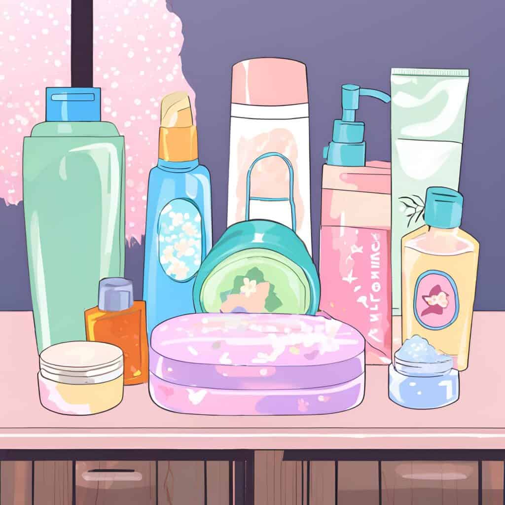 Illustration of hospital bag toiletries including bottles of shampoo, lotion, face wipes, chapstick, and other personal care items arranged on a wooden surface, representing must-haves for labor and postpartum comfort.