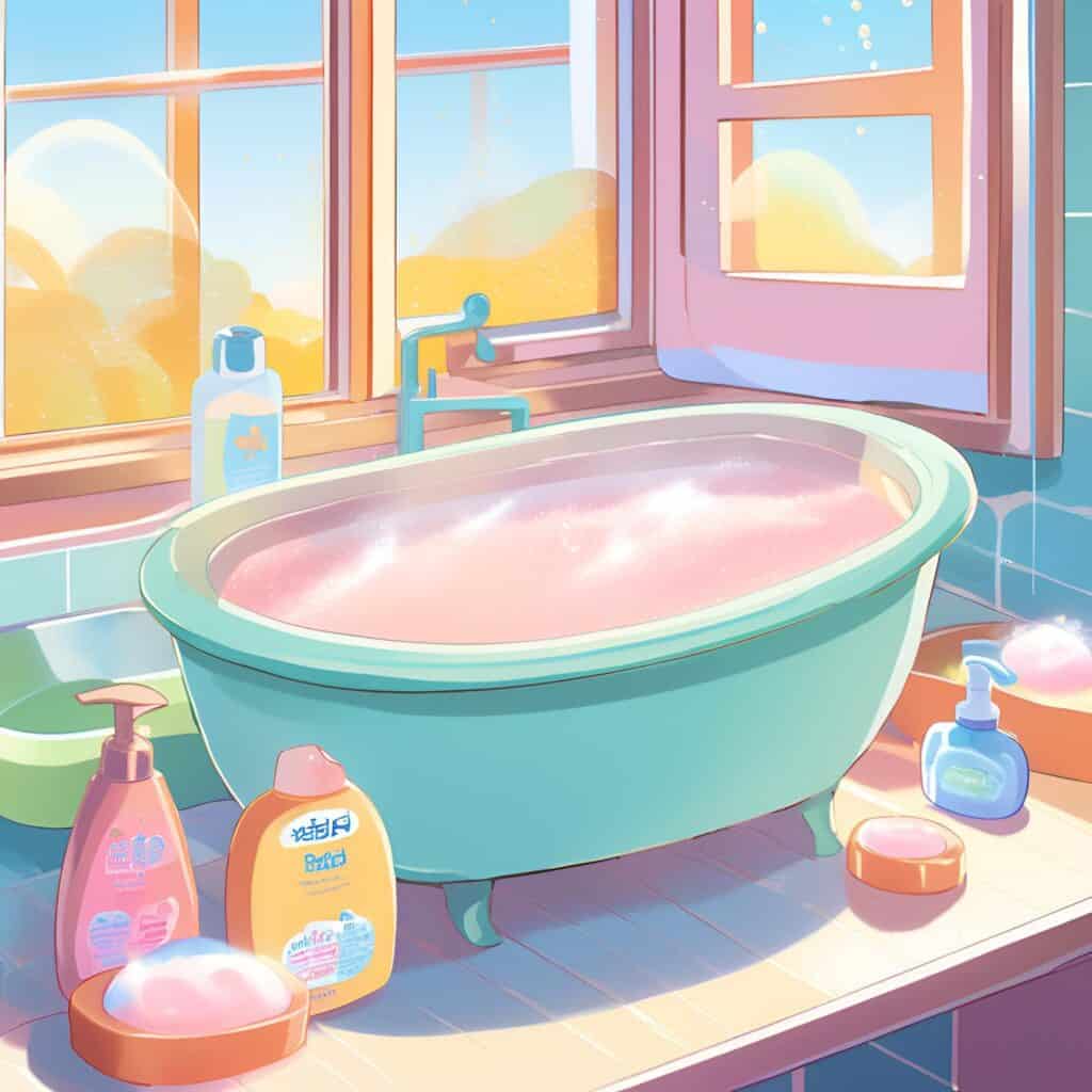 Baby bathtub with shampoo, conditioner, and soap