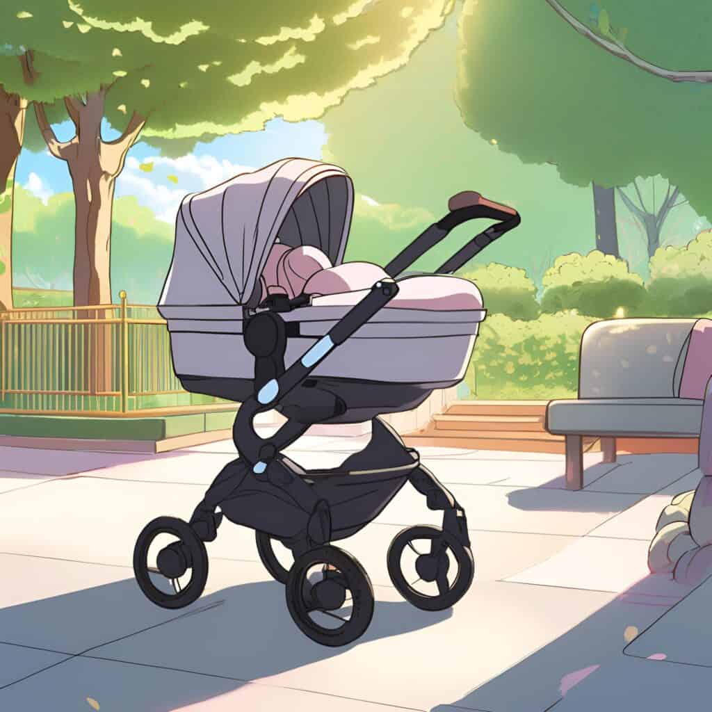 Baby stroller with car seat attachment outdoors
