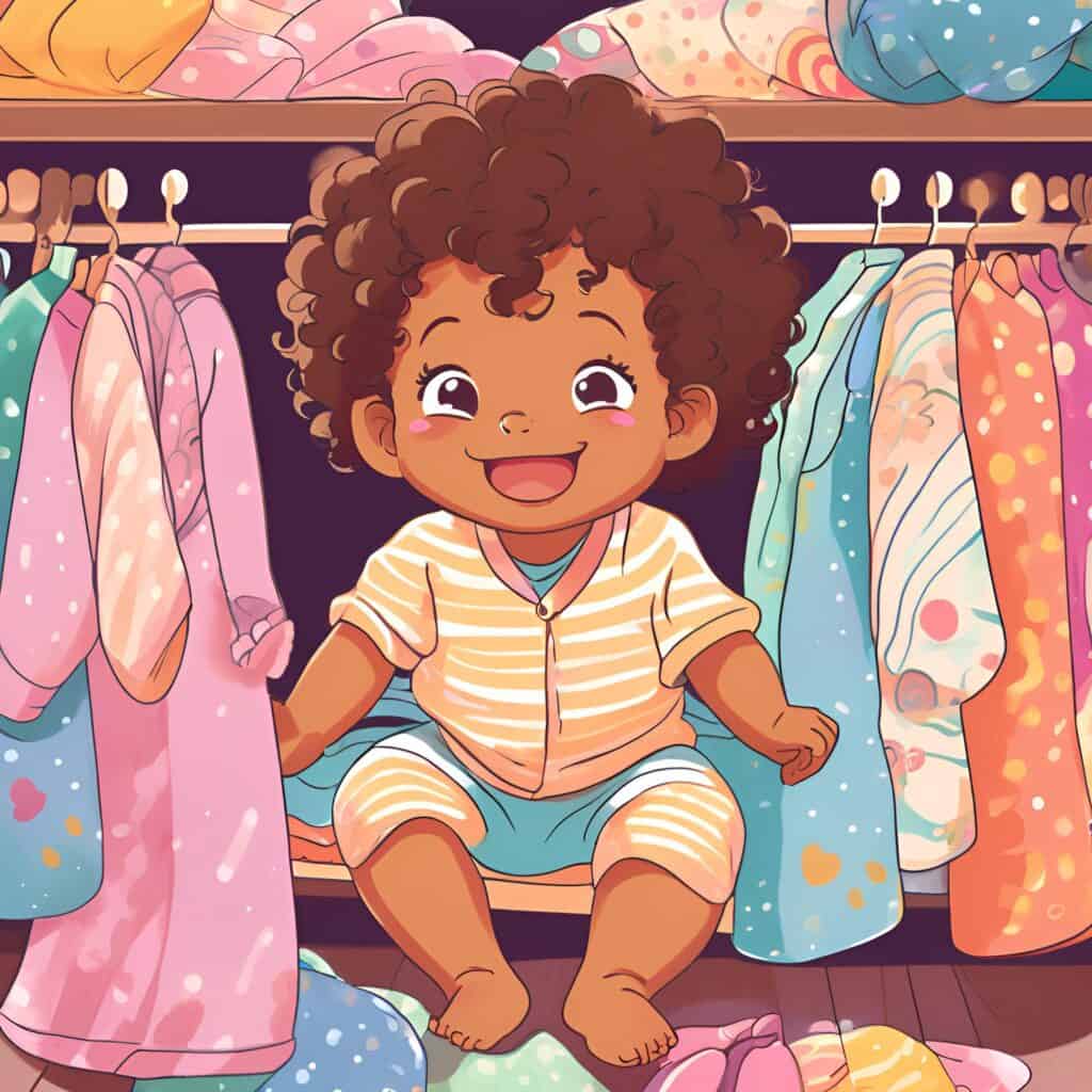 Curly-haired toddler sitting inside a closet full of baby clothes"