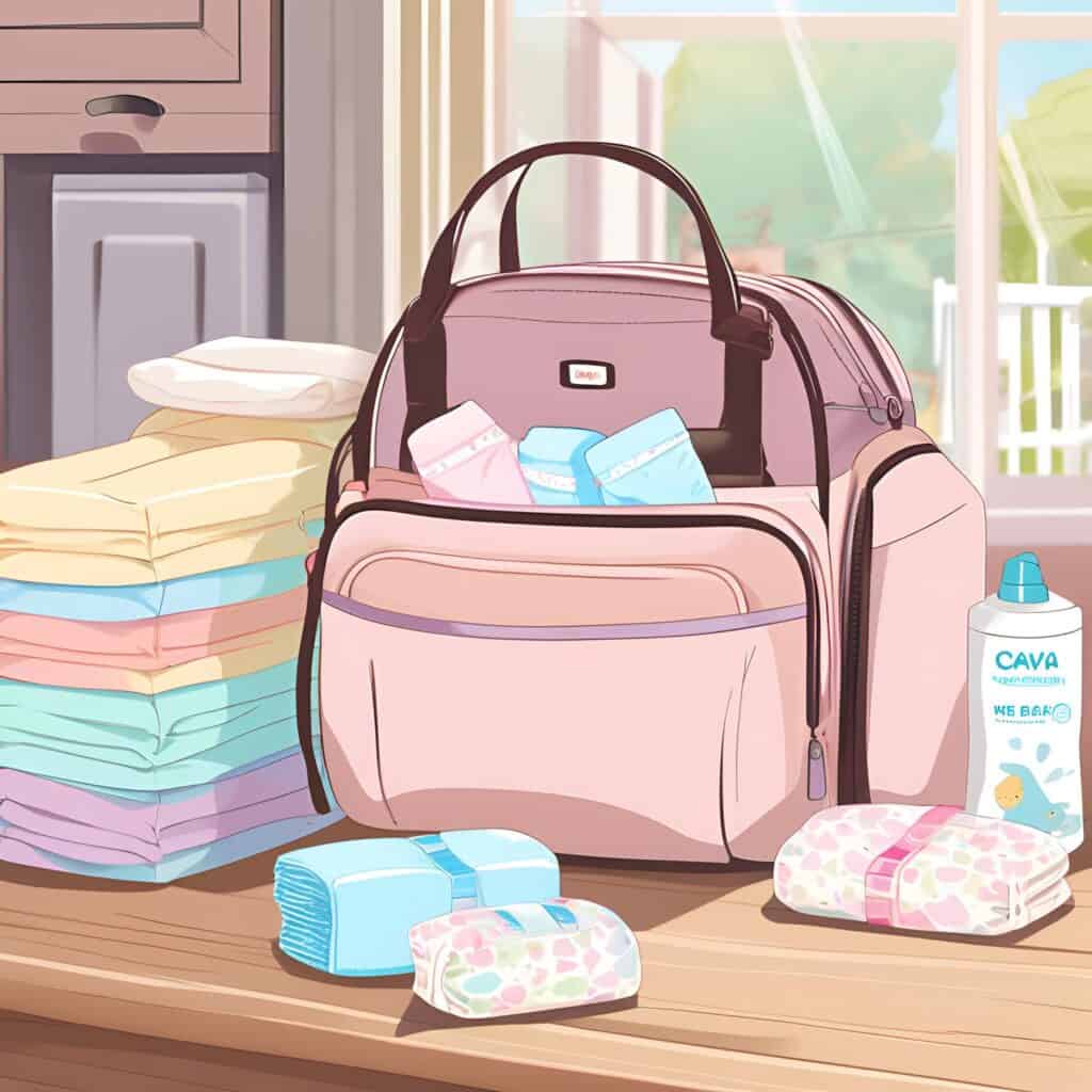 Diaper bag with stacked diapers and wipes on a table