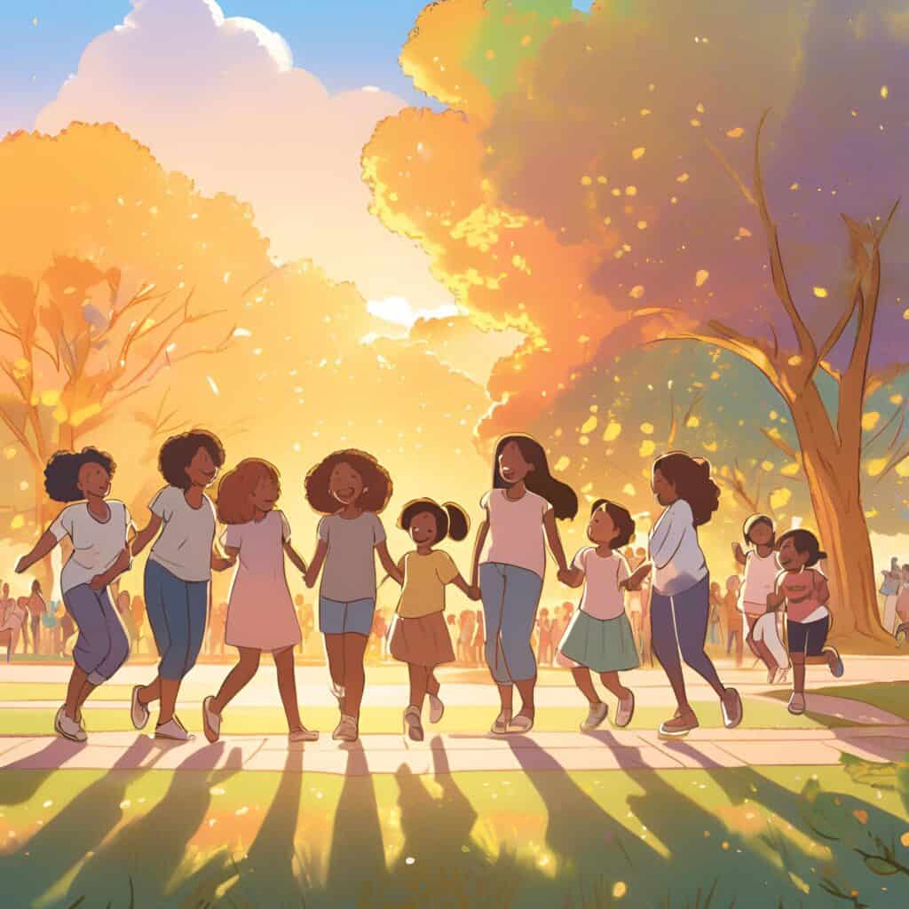 a group of mom with their children holding hands at the park