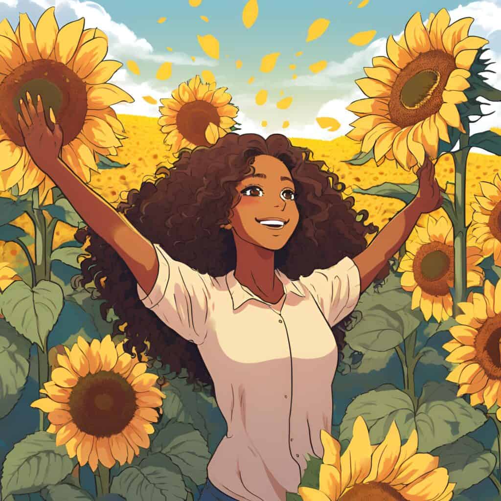Illustration of a joyful brown-skinned woman with long, voluminous curly hair standing in a sunflower field, smiling brightly with arms outstretched as sunflower petals float through the air under a blue sky.