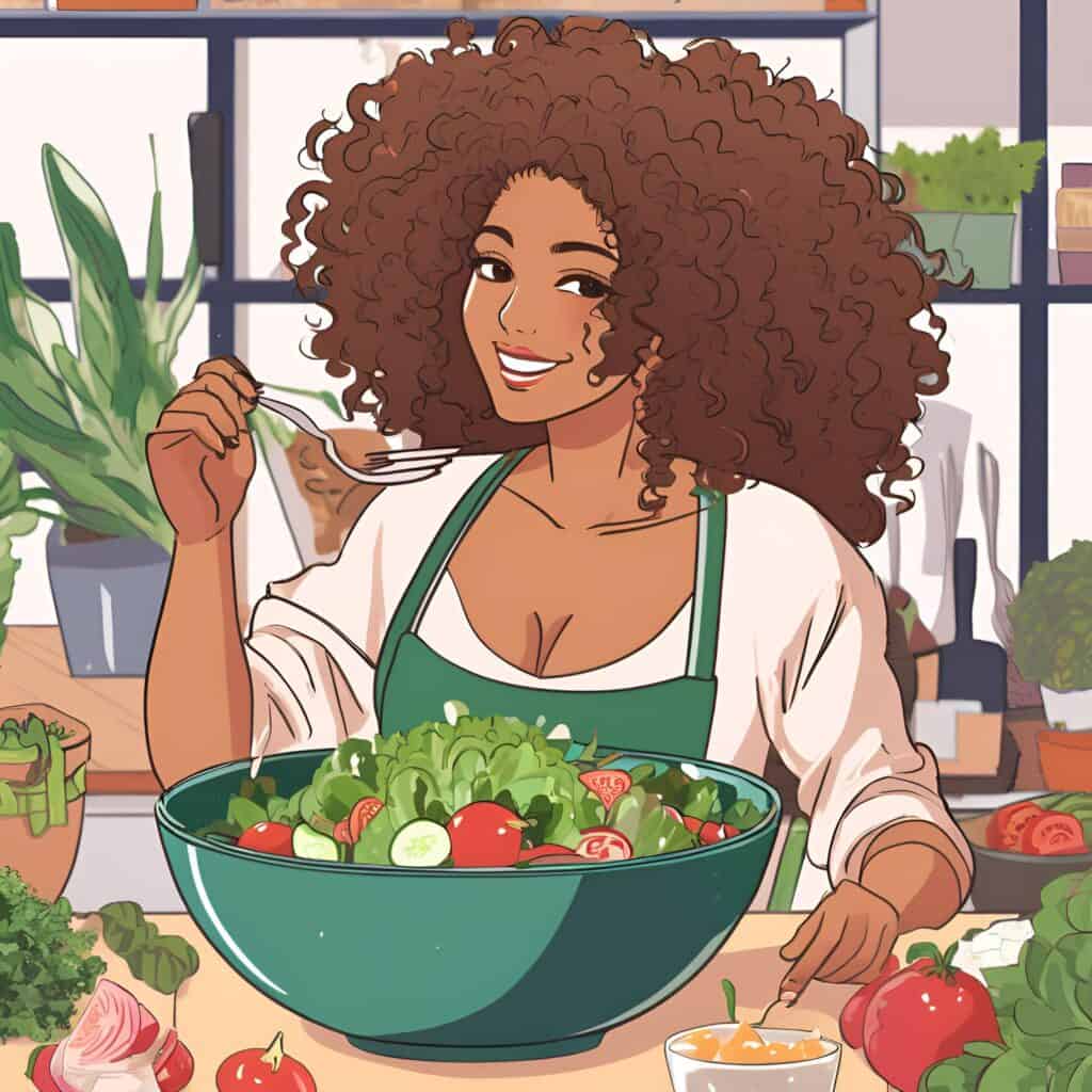 Illustration of a smiling woman with voluminous curly hair and brown skin, wearing a green apron while preparing a fresh salad with cucumbers, tomatoes, and leafy greens in a kitchen filled with plants and vegetables
