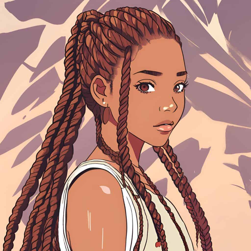 Illustration of a young brown-skinned woman with long, thick braids styled in a half-up look. She wears a sleeveless top and earrings, looking over her shoulder with a calm expression against a warm-toned abstract background.