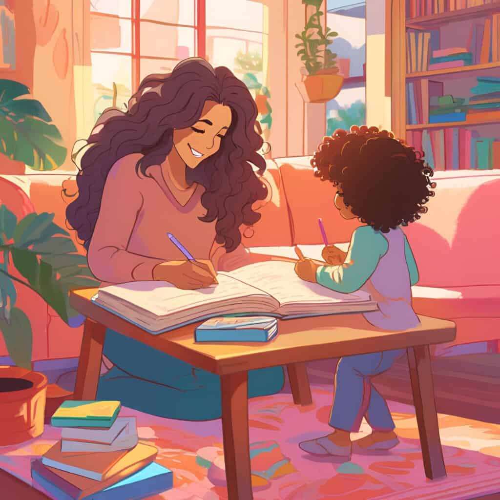 A young mom journaling while sitting with her child