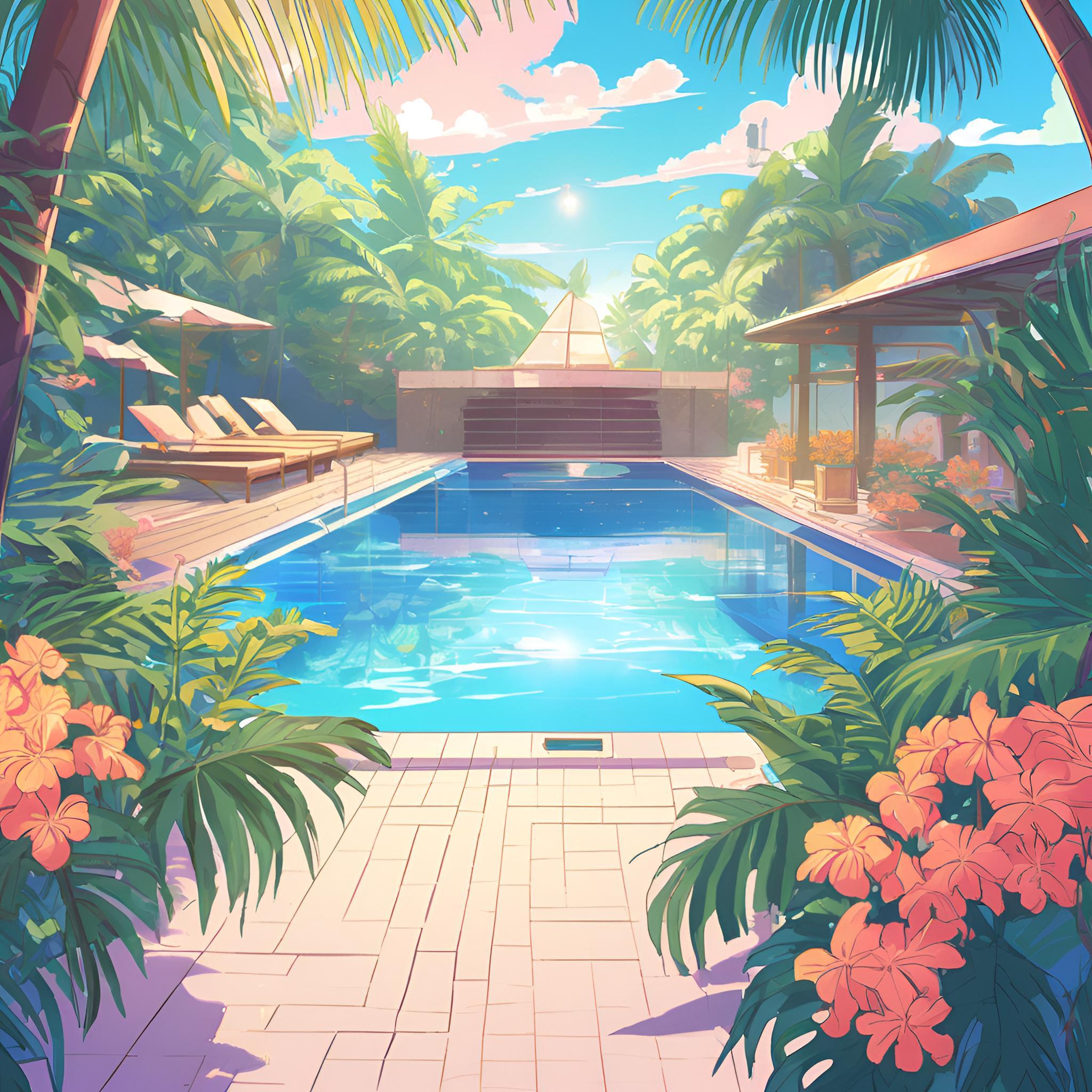 Illustration of a tropical resort-style pool surrounded by lush greenery, lounge chairs, and a shaded cabana, with placeholder text for a form block overlayed on the image.