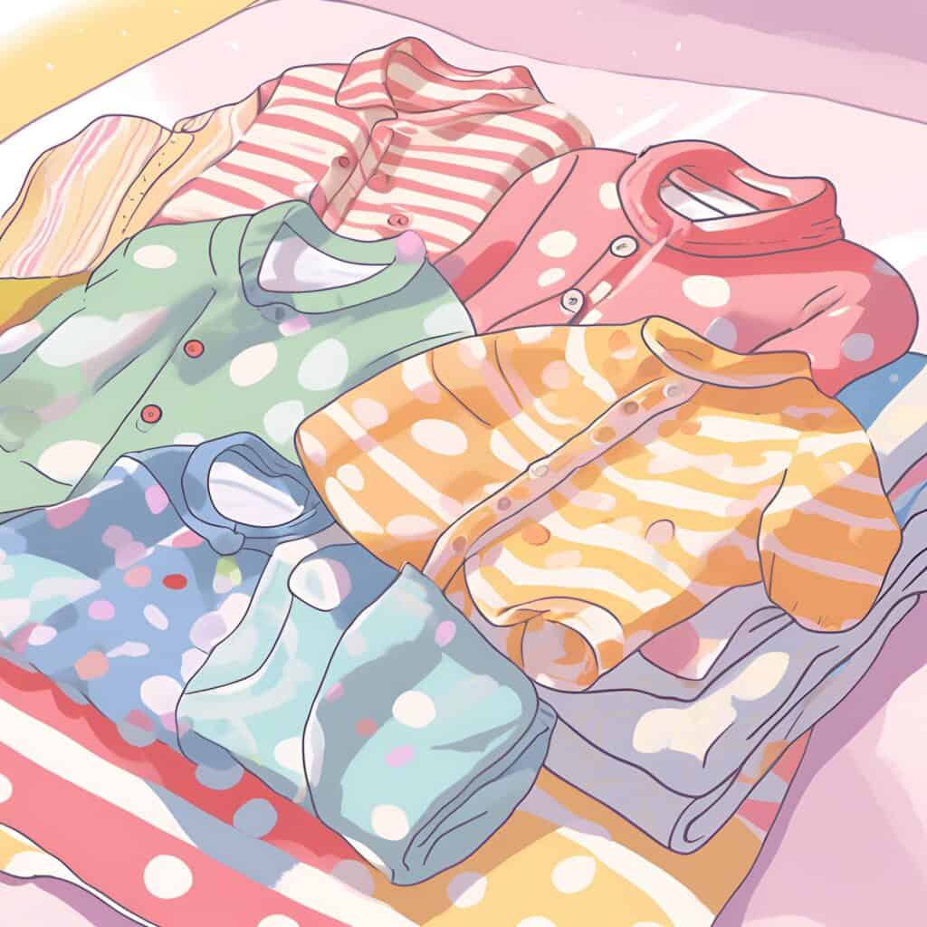 Illustration of neatly folded footed onesies in various colors and patterns, stacked on a soft pink surface, representing practical newborn clothing essentials for different seasons.