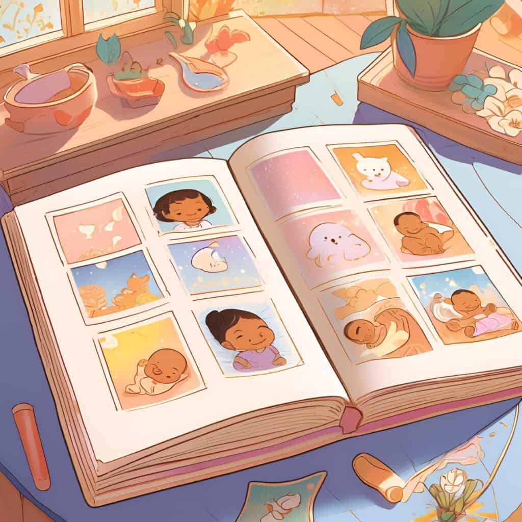 Illustration of a baby memory book open on a desk, displaying milestone photos and keepsakes, surrounded by cozy decor like plants, soft lighting, and small sentimental items—capturing the joy of documenting baby’s early memories.