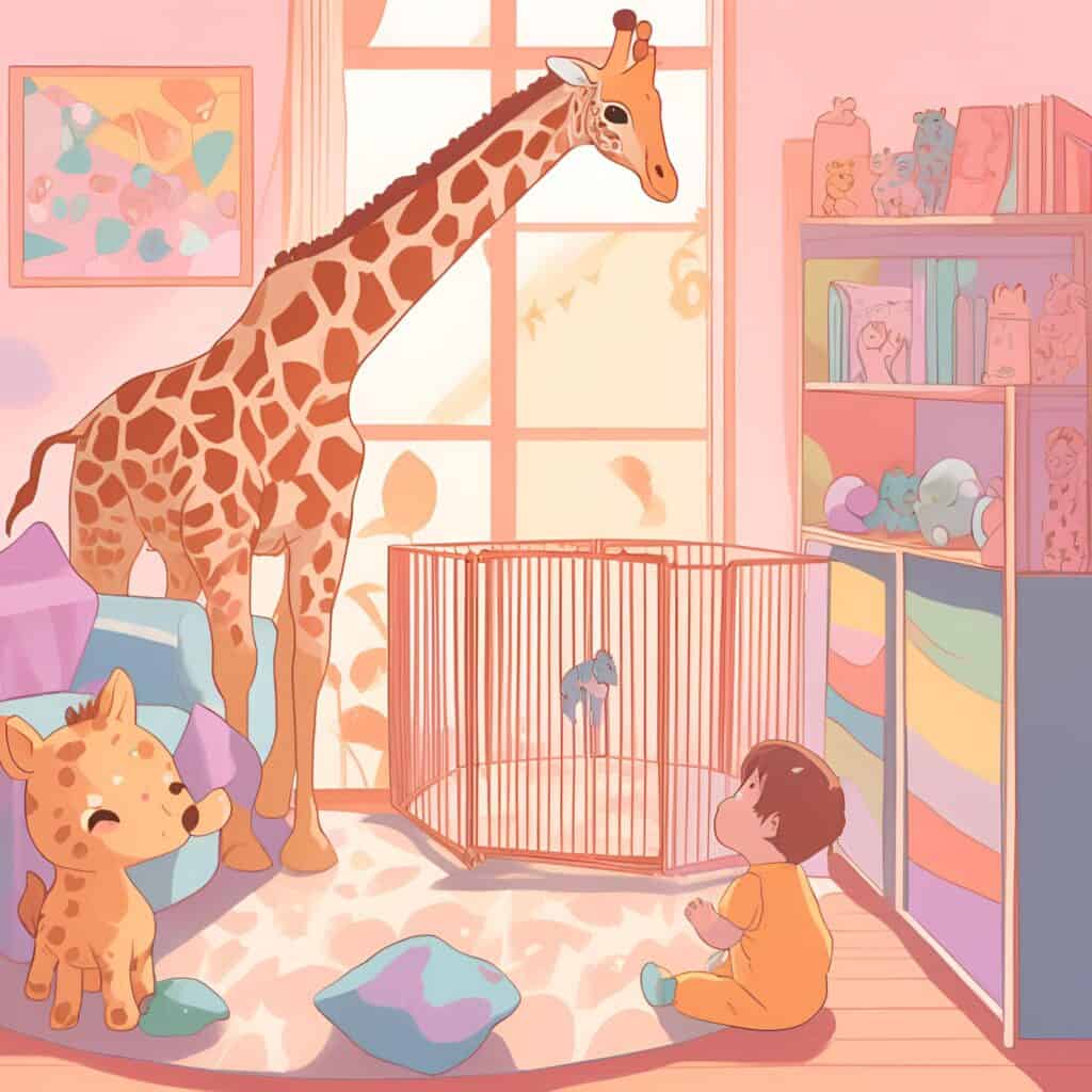 Illustration of a cozy playroom with a baby sitting on a rug, surrounded by soft toys, a large giraffe plush, bookshelves, and a playpen, reflecting a minimal and engaging space for infant development.