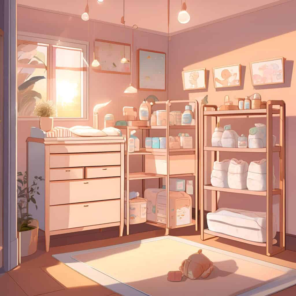 Illustration of a cozy baby nursery at night featuring a bassinet with a sleeping baby, pink curtains, warm lighting, a nightstand with stacked books, and a soft rug on a wooden floor, representing a peaceful sleep setup for newborns.