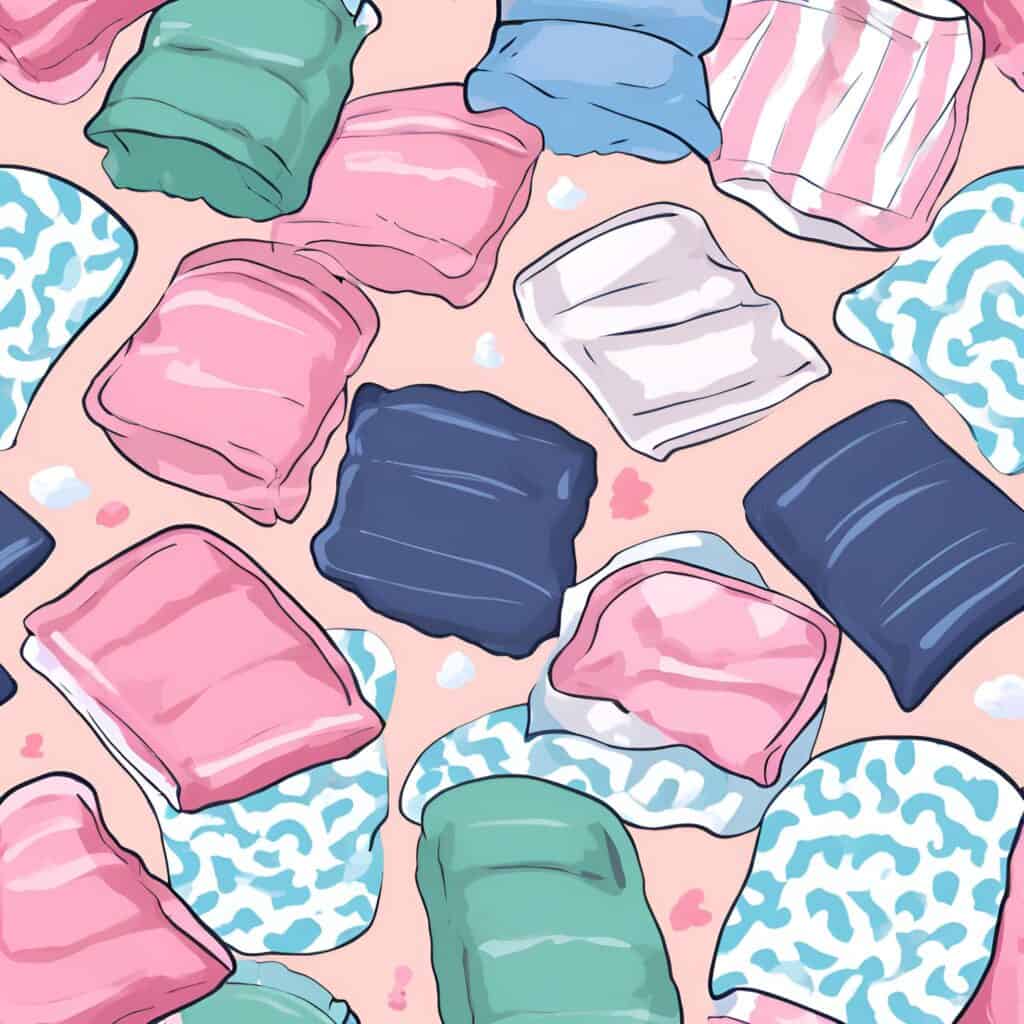 Illustration of assorted nursing and feeding accessories like burp cloths, nursing pillows, and bibs in various pastel colors and patterns, symbolizing essential items for breastfeeding and bottle-feeding.