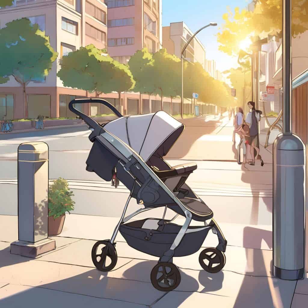 Illustration of a modern stroller with an attached car seat parked on a sunny city sidewalk, surrounded by trees, buildings, and pedestrians—symbolizing a convenient travel system for new parents.