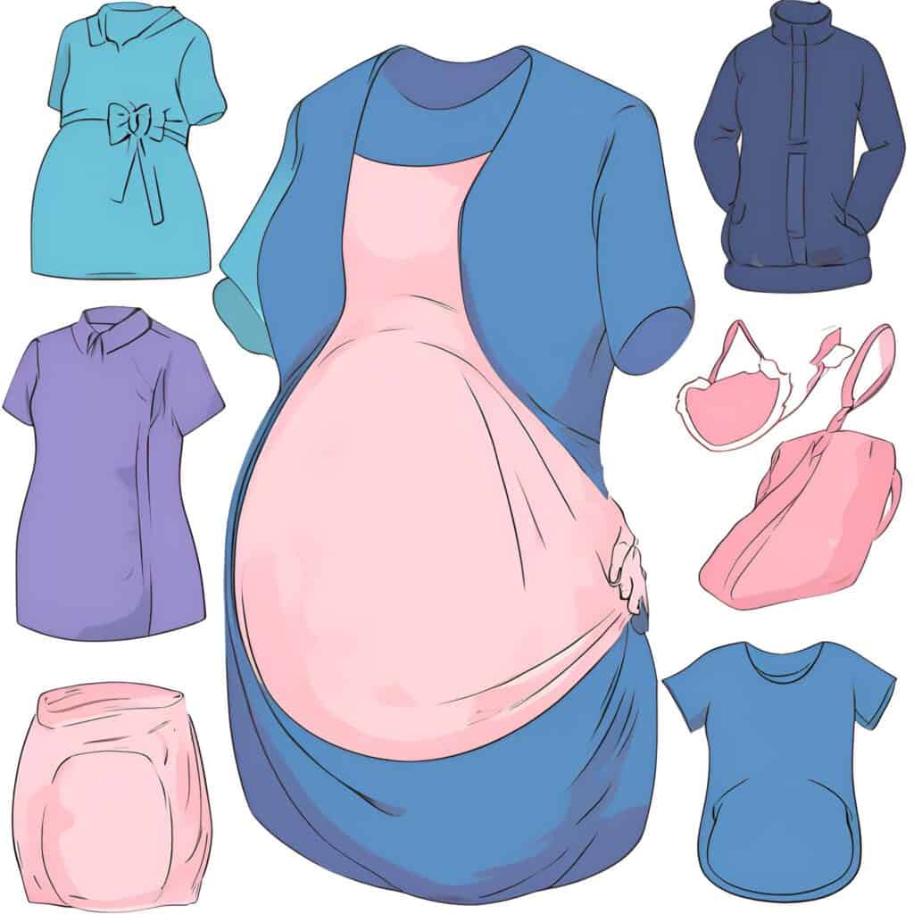 Illustration of cozy maternity loungewear and self-care items including a maternity dress, robe, pajamas, hoodie, nursing bra, underwear, and lip balm, representing essentials for comfort during the nesting phase.