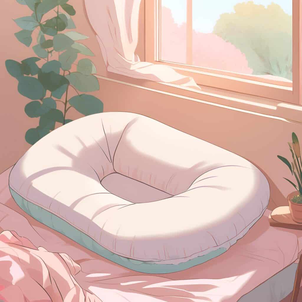 Soft C-shaped pregnancy pillow resting on a bed in a sunlit room with pink curtains and leafy green plants, illustrating comfort and support during the third trimester.