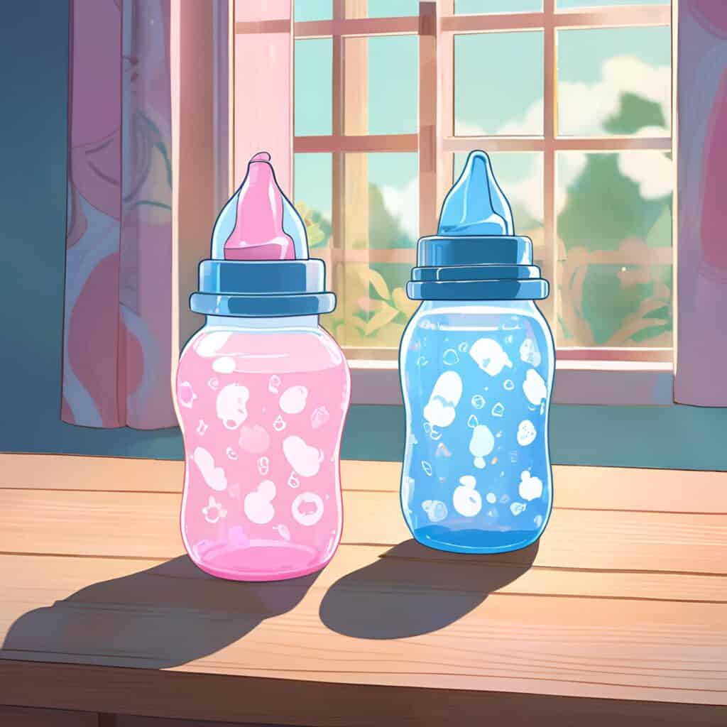 Two colorful baby bottles side by side
