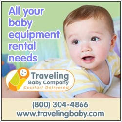 Baby smiling with text that reads “All your baby equipment rental needs” and contact info for Traveling Baby Company, a nationwide baby gear rental service.