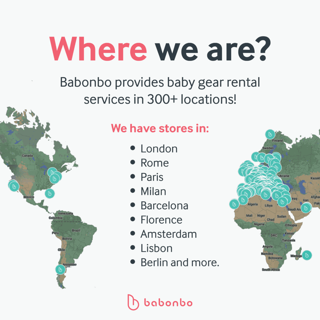 Map showing Babonbo baby gear rental store locations across Europe and South America