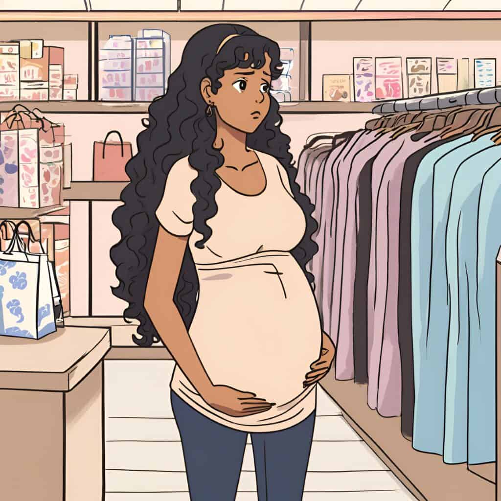 Illustration of a pregnant woman with long curly hair standing in a clothing store, looking uncertain. She is wearing a beige top and dark pants, gently holding her belly while browsing a rack of maternity clothes. Gift bags and folded items are visible in the background.