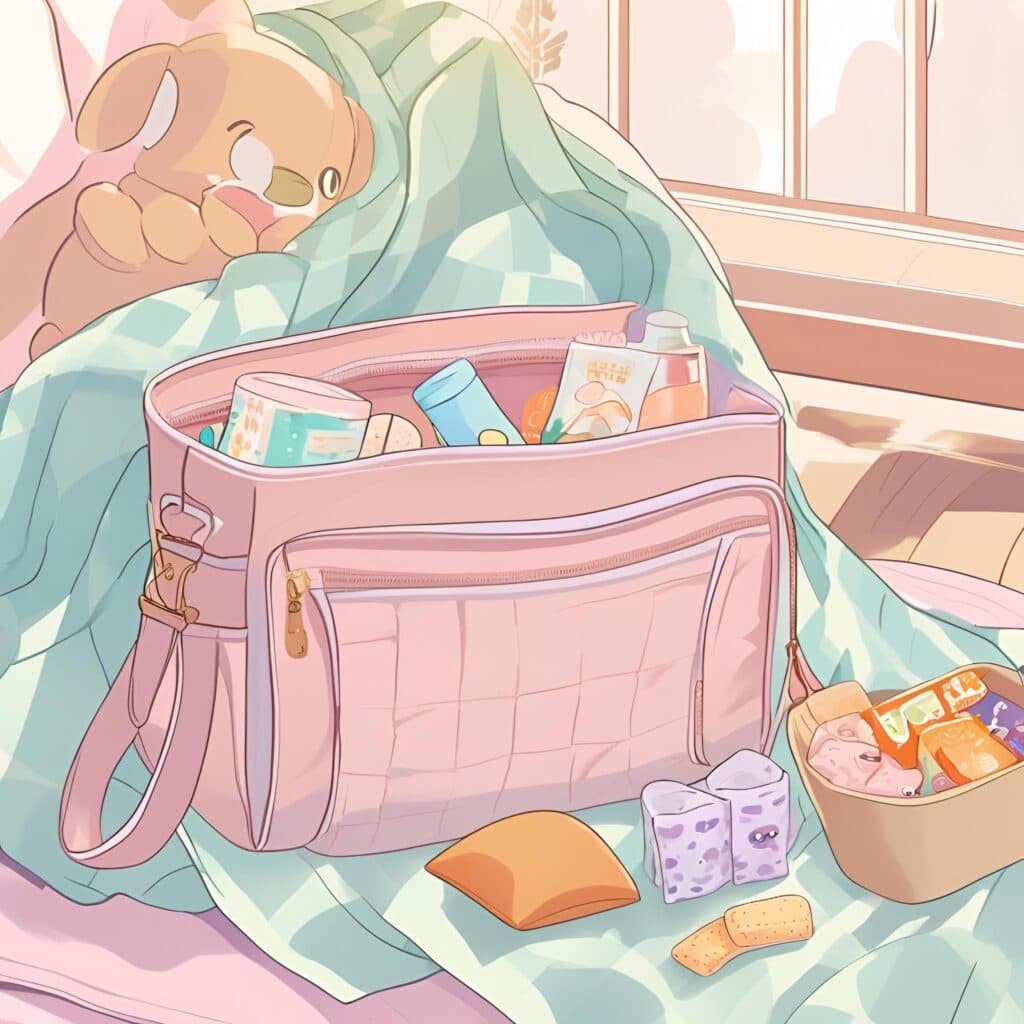 Illustration of an open pink diaper bag filled with baby snacks, small toys, and toddler essentials, resting on a soft blanket with a stuffed animal nearby.