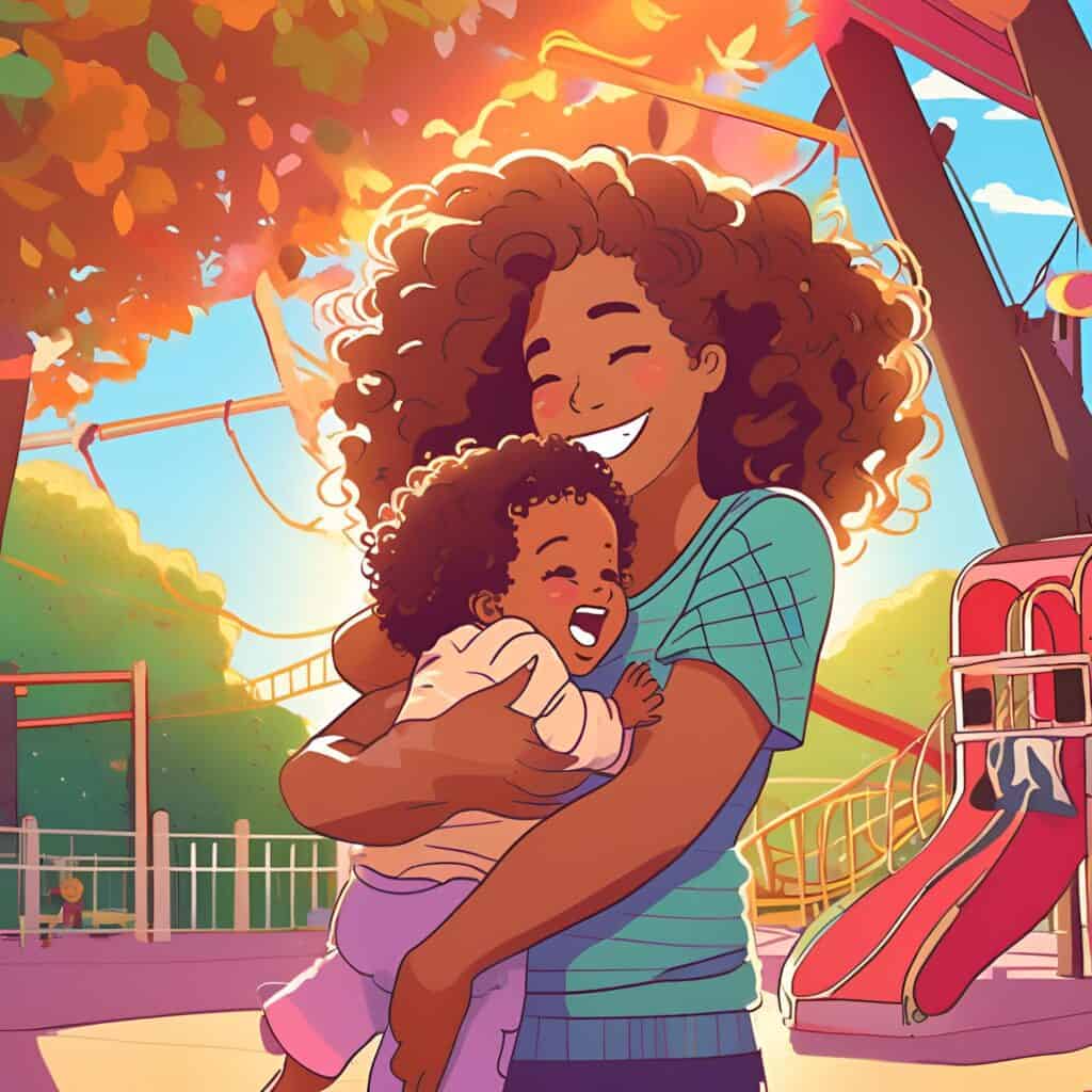Illustration of a happy mom with voluminous curly hair hugging her smiling toddler at a colorful playground during sunset.