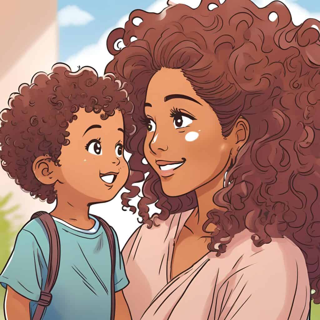 Illustration of a smiling brown-skinned mom with curly hair looking lovingly at her toddler son, who is wearing a backpack and smiling back.