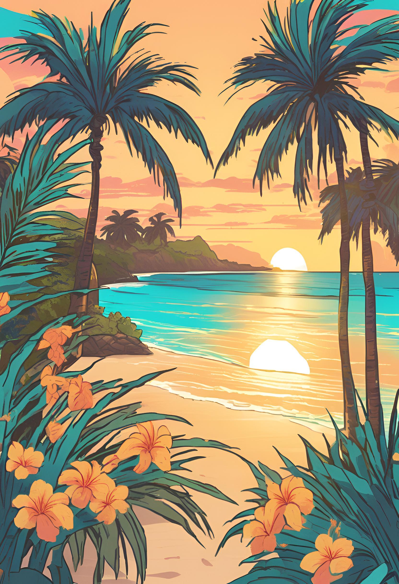 Serene tropical beach at sunset with turquoise waves, orange flowers, and palm trees swaying in the warm Caribbean breeze