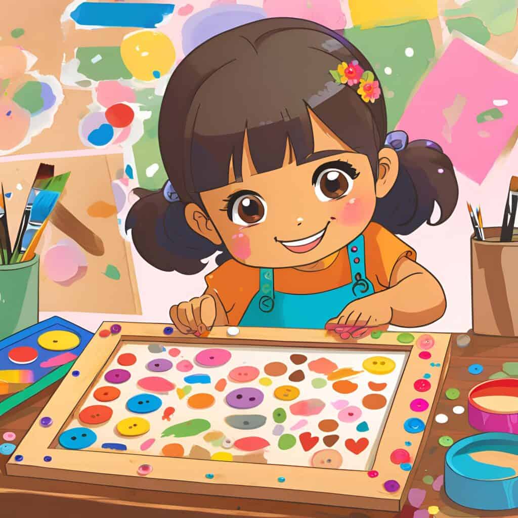 Decorated DIY picture frame with colorful stickers and a photo of a mom and child inside, on a white table background.