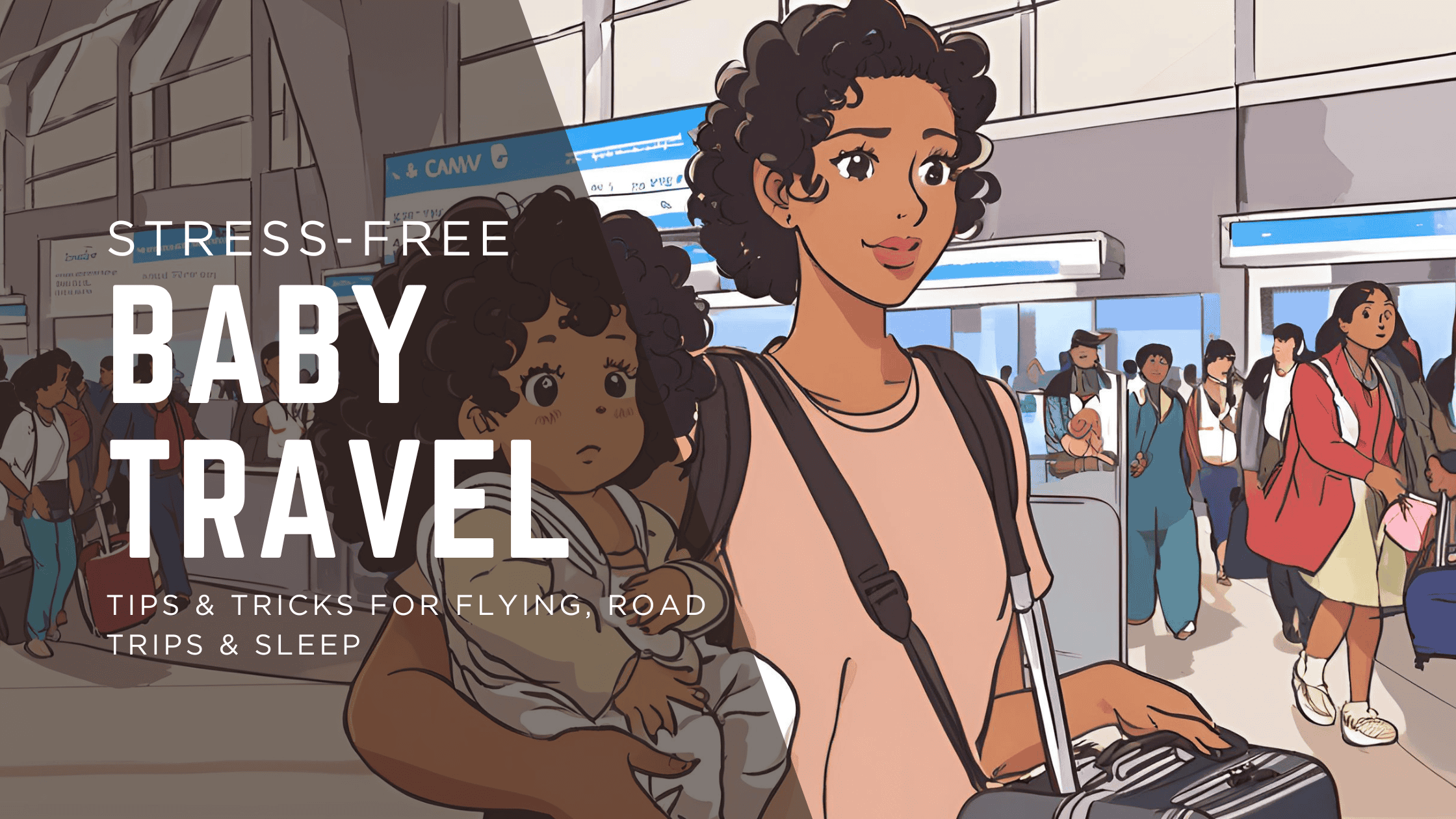 Illustration of a mom holding her baby in a busy airport, surrounded by travelers with luggage. The text overlay reads “Stress-Free Baby Travel: Tips & Tricks for Flying, Road Trips & Sleep