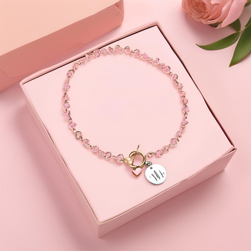 Personalized name bracelet styled as a special Mother’s Day gift from kids.