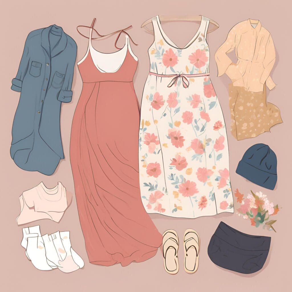 Illustration of a flat lay featuring a maternity wardrobe, including floral and solid-colored dresses, a blue shirt dress, cozy sweaters, socks, flip-flops, a beanie, and a pair of maternity shorts. A small bouquet of flowers adds a soft, feminine touch.