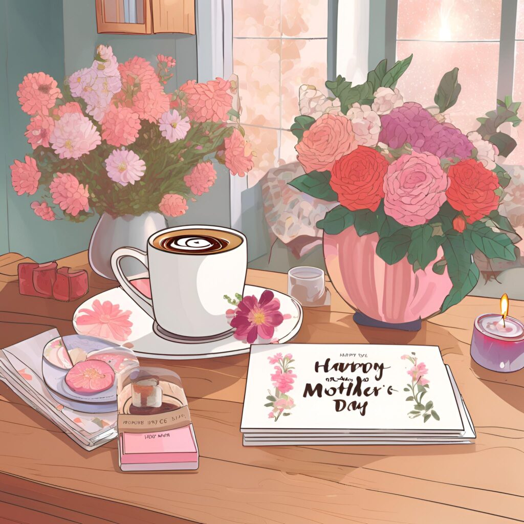 Funny coffee mug and candle Mother's Day gift set styled with flowers.