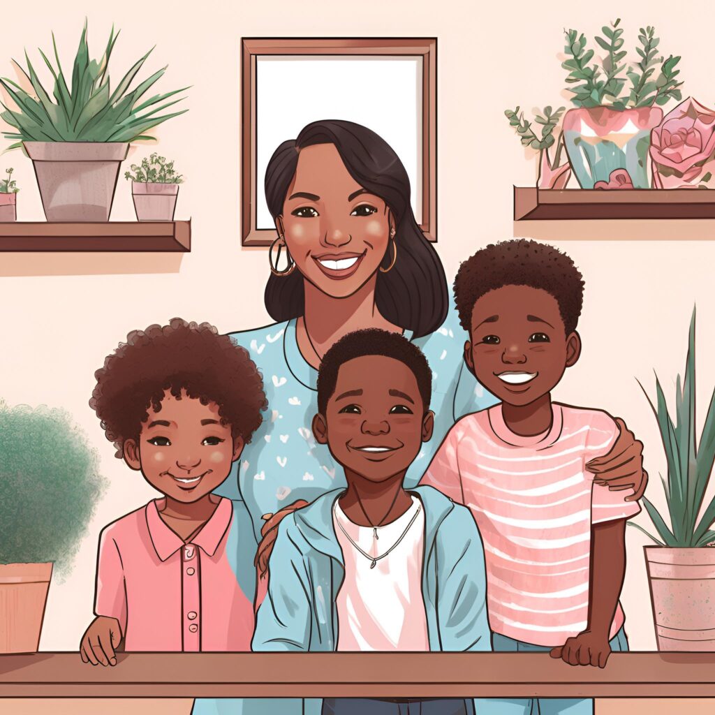 Custom portrait of mom and children as a personalized Mother’s Day gift.