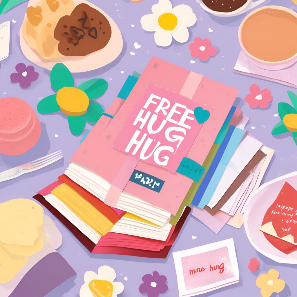 DIY Mother's Day coupon book made by a child, colorful papers and hand-drawn hearts, on a wooden table background.