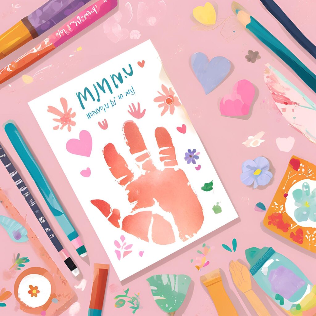 Flat lay image of hand print Mother's day card