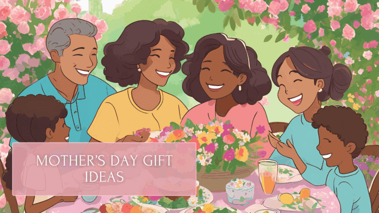 Family celebrating Mother's Day outdoors with flowers, food, and laughter, featuring a colorful and joyful gathering around a festive table