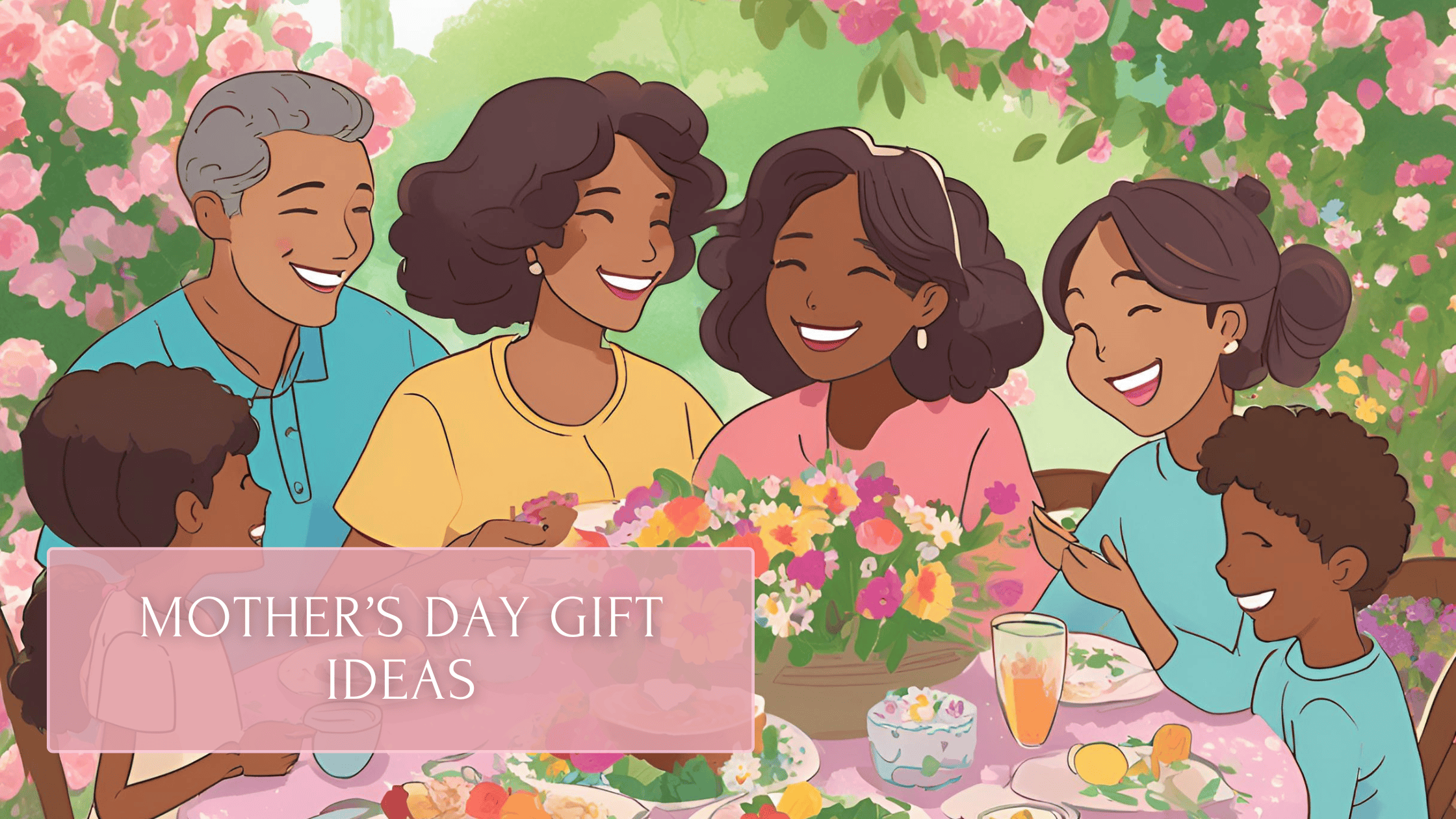 Family celebrating Mother's Day outdoors with flowers, food, and laughter, featuring a colorful and joyful gathering around a festive table