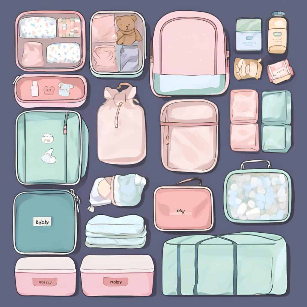 Flat lay of pastel-colored baby travel essentials organized in labeled packing cubes, including diapers, bottles, blankets, a teddy bear, and toiletries against a navy blue background.