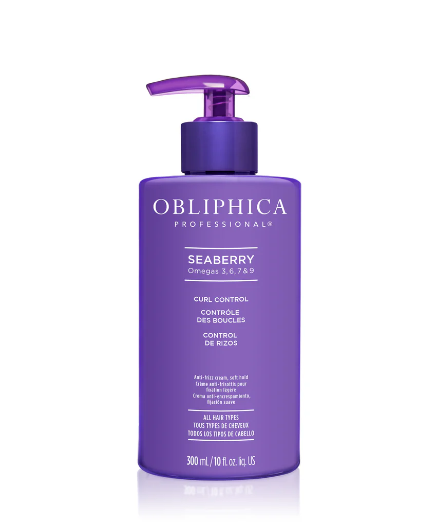 Obliphica Seaberry Curl Control for Thick to Coarse Hair – purple pump bottle to hydrate and smooth curls post-wash.