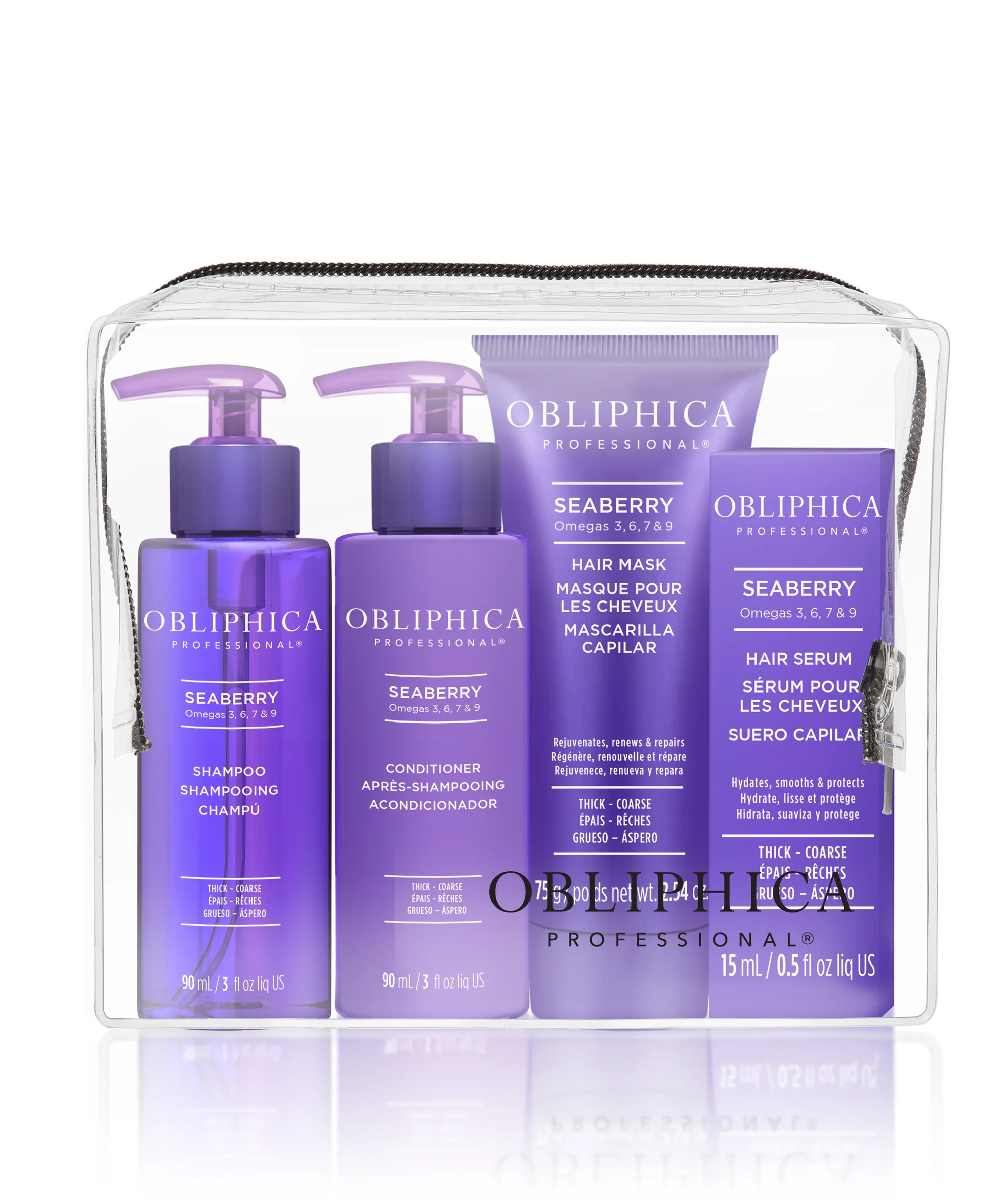 Obliphica Seaberry Hair Care Travel Set for Thick to Coarse Hair – includes shampoo, conditioner, mask, and serum in a clear zippered pouch.