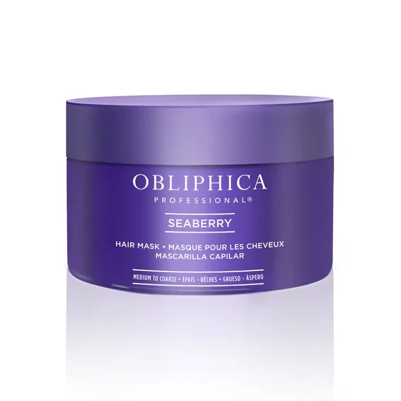Obliphica Seaberry Hair Mask for Thick to Coarse Hair – wide purple jar offering deep hydration and softness.