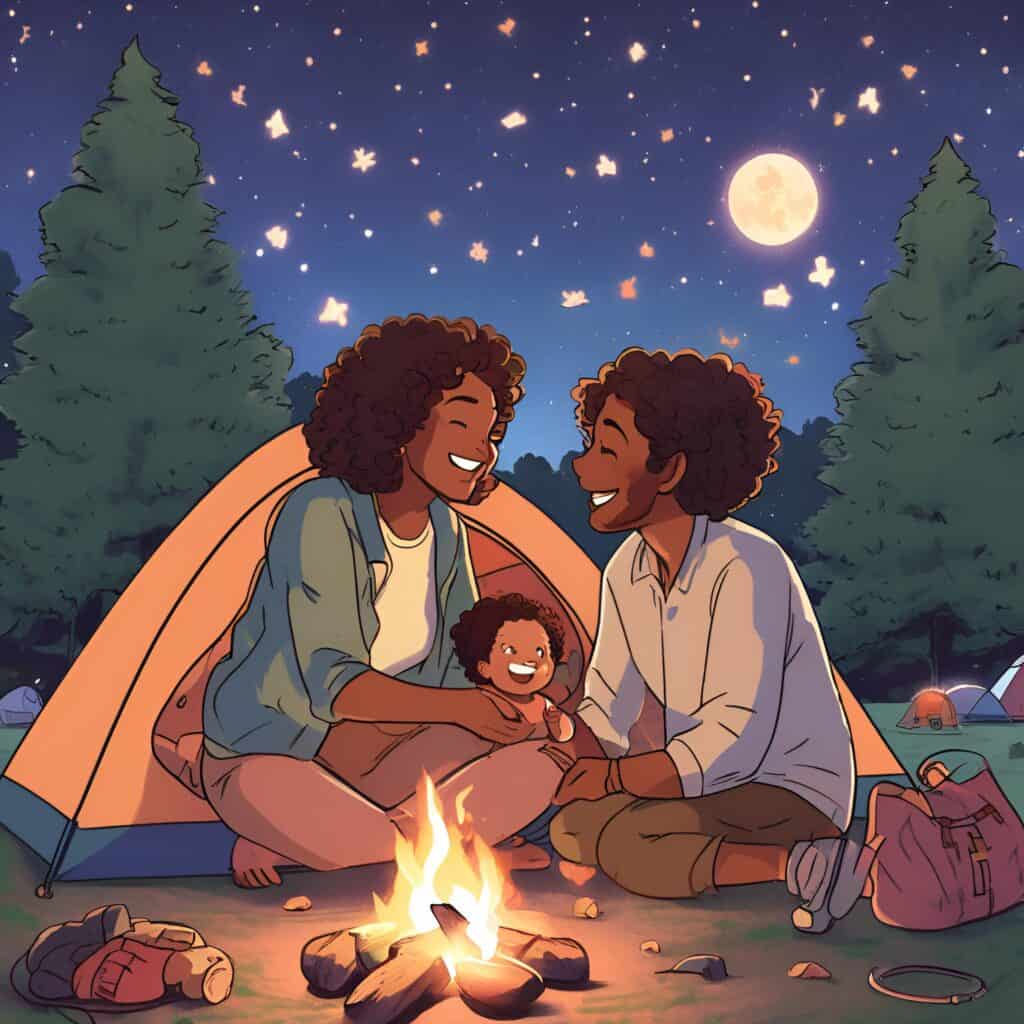 Smiling brown-skinned parents with curly hair sitting around a campfire with their curly-haired toddler in fro