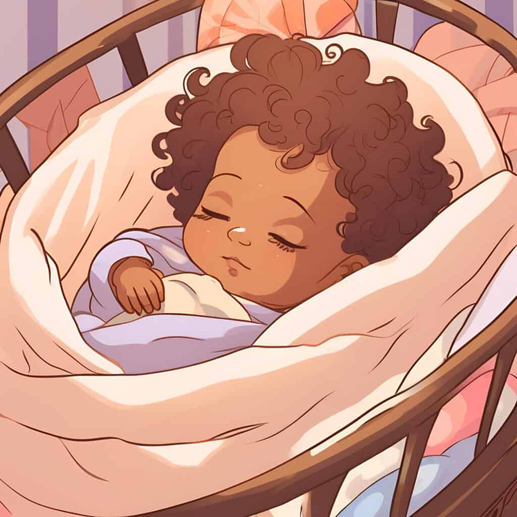 Brown-skinned baby with curly hair peacefully sleeping in a cozy travel bassinet, wrapped in a soft blanket with gentle lighting and pastel bedding in the background.