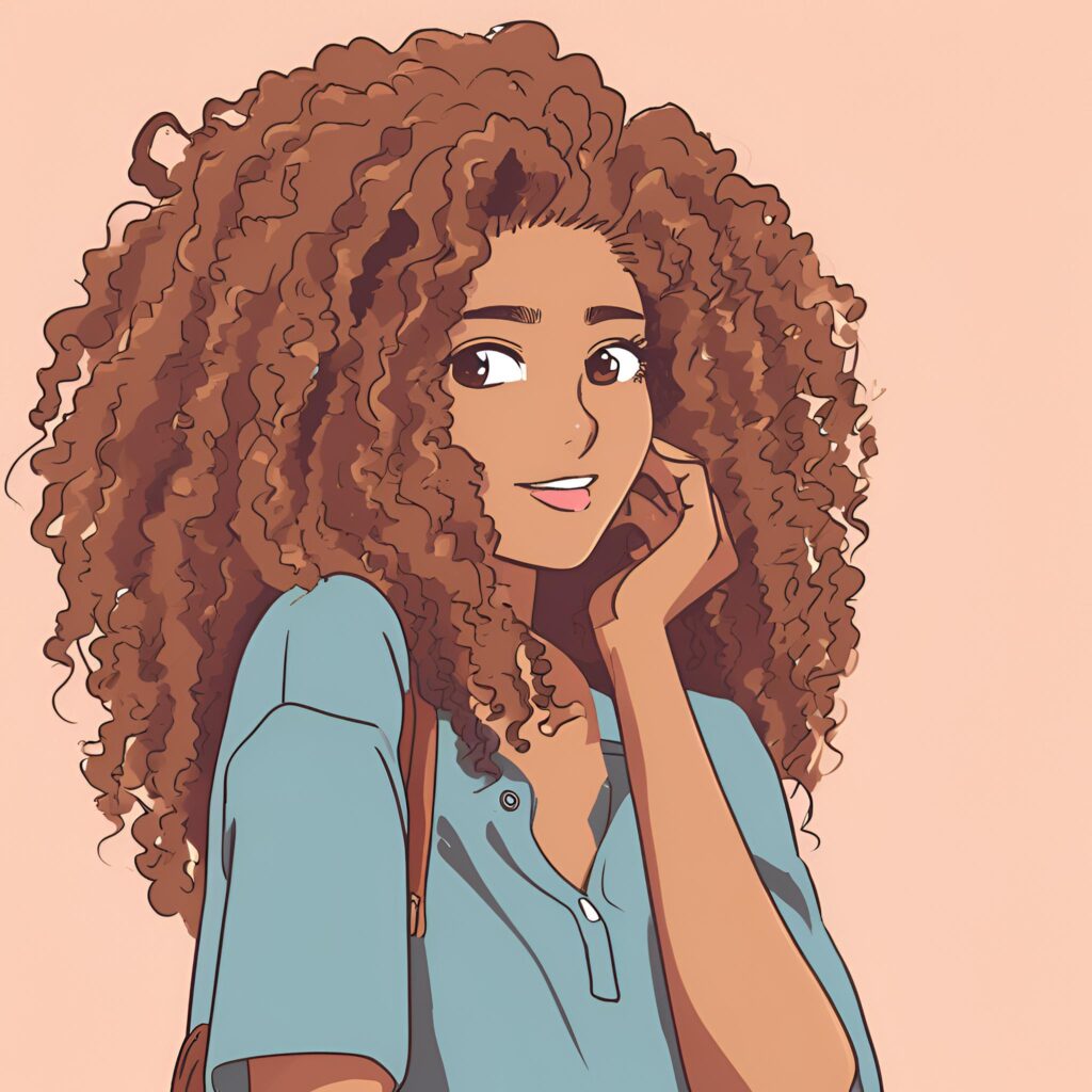 Young brown-skinned woman holding and examining her curly hair